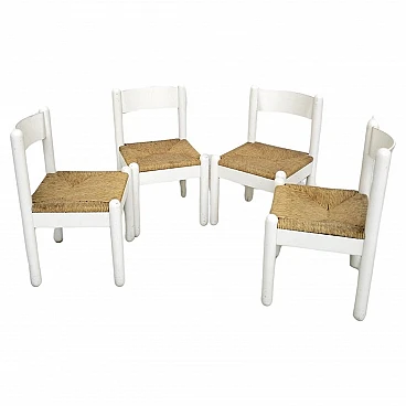 4 Sedie in rovere bianco con seduta intrecciata, anni '60