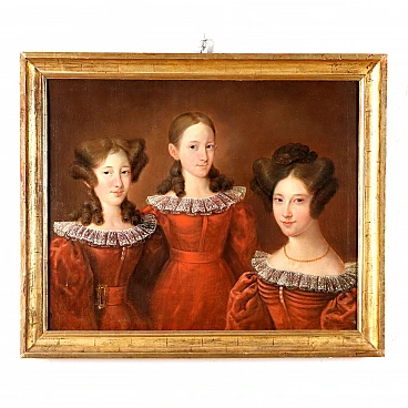 Portrait of three sisters, oil painting on canvas, 19th century