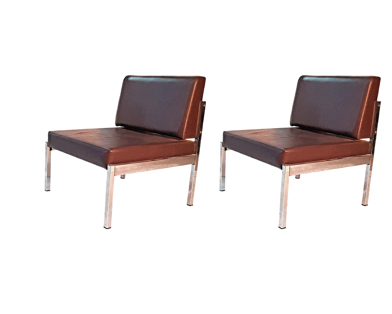 Pair of metal and brown skai armchairs, 1970s 6