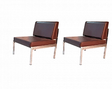 Pair of metal and brown skai armchairs, 1970s