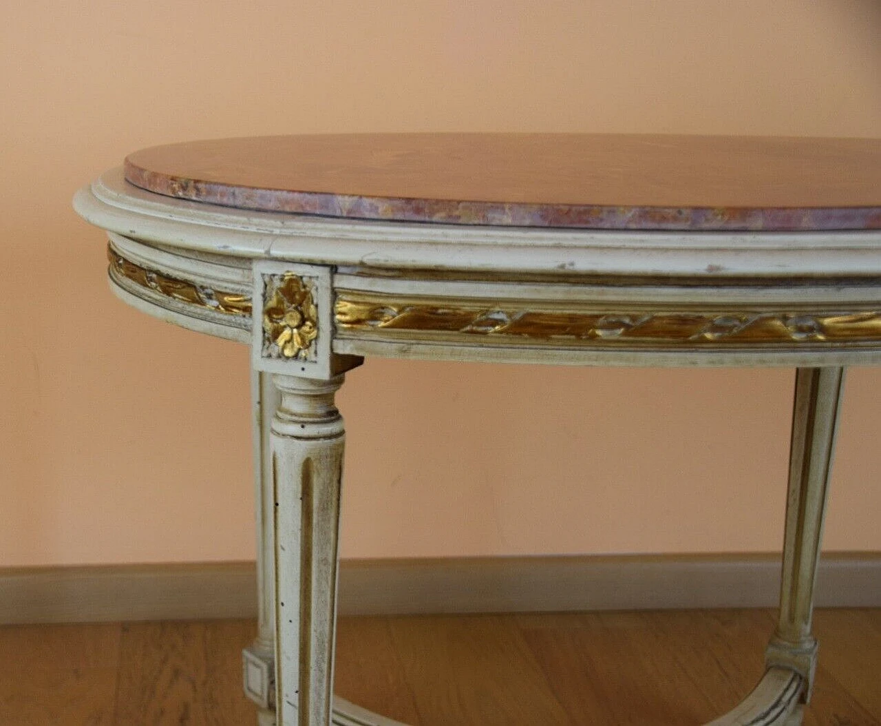 Louis XVI style wood coffee table with marble top 4