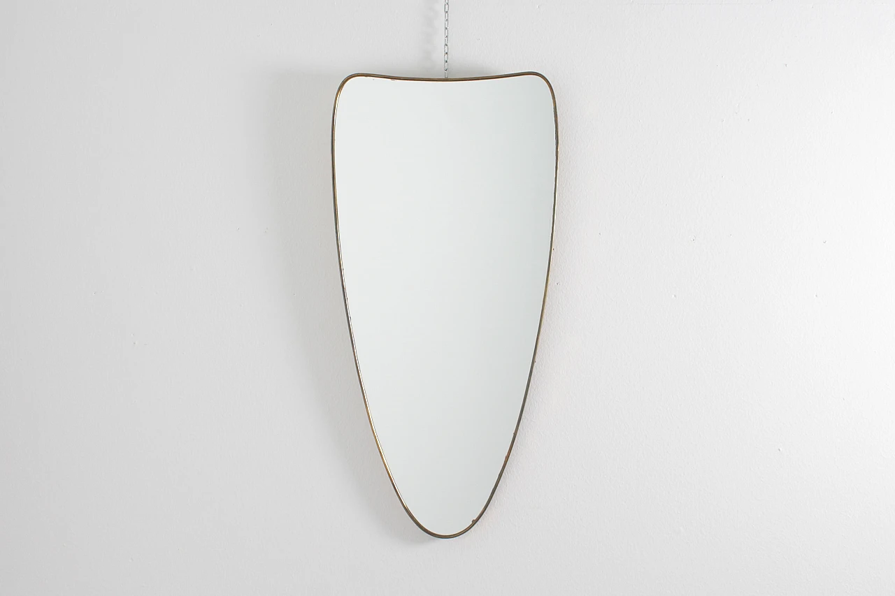 Shield-shaped wall mirror with brass frame in G. Ponti style, 1950s 2
