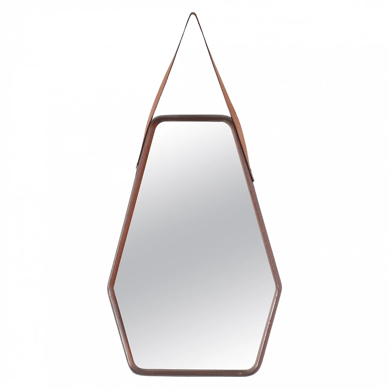 Geometric wall mirror with wooden frame & leather, 1960s 1