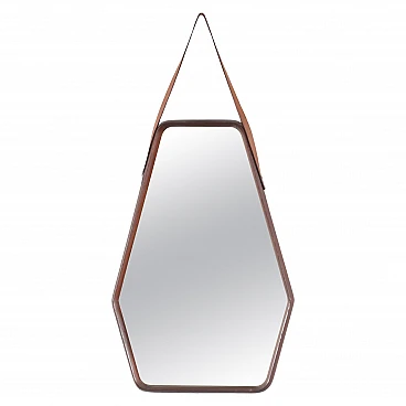 Geometric wall mirror with wooden frame & leather, 1960s