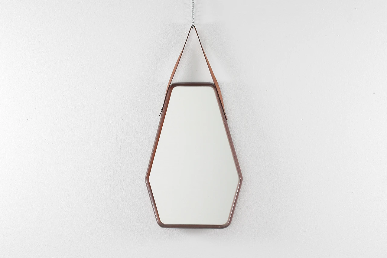 Geometric wall mirror with wooden frame & leather, 1960s 2