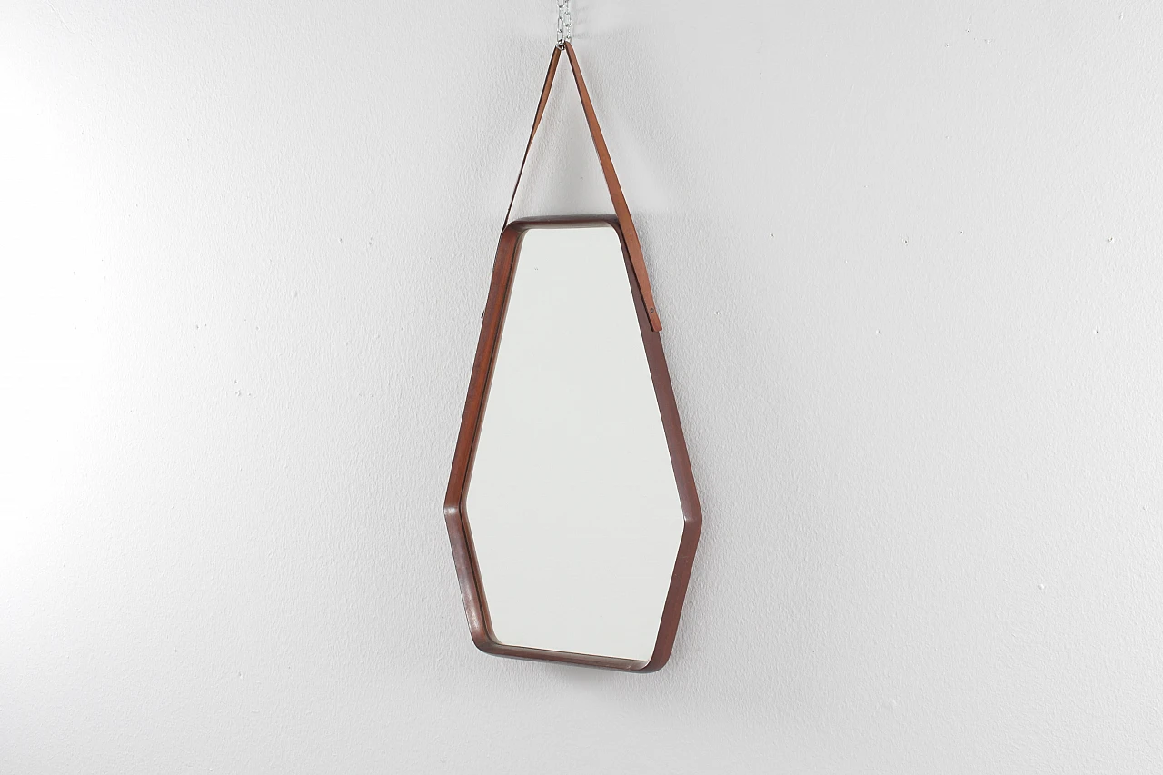 Geometric wall mirror with wooden frame & leather, 1960s 3