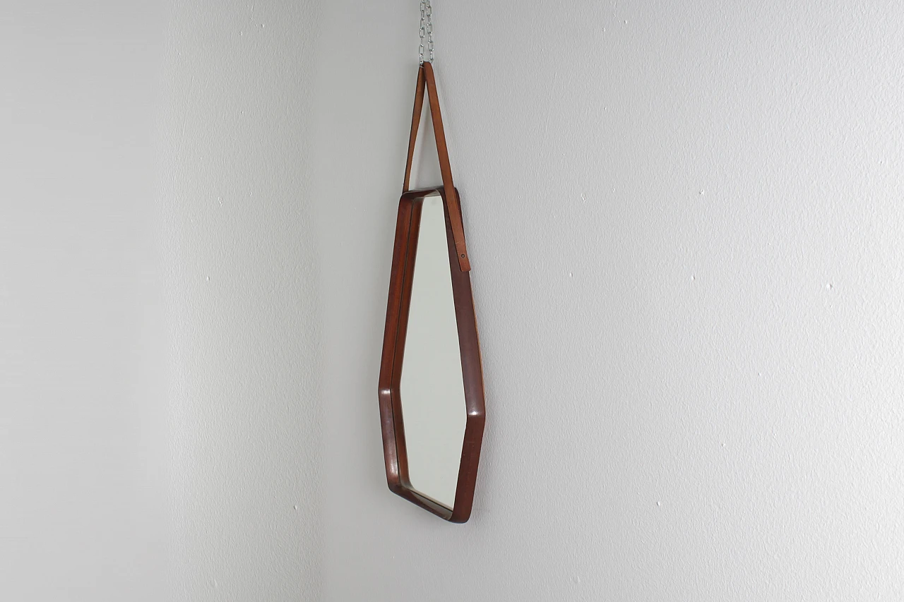 Geometric wall mirror with wooden frame & leather, 1960s 4