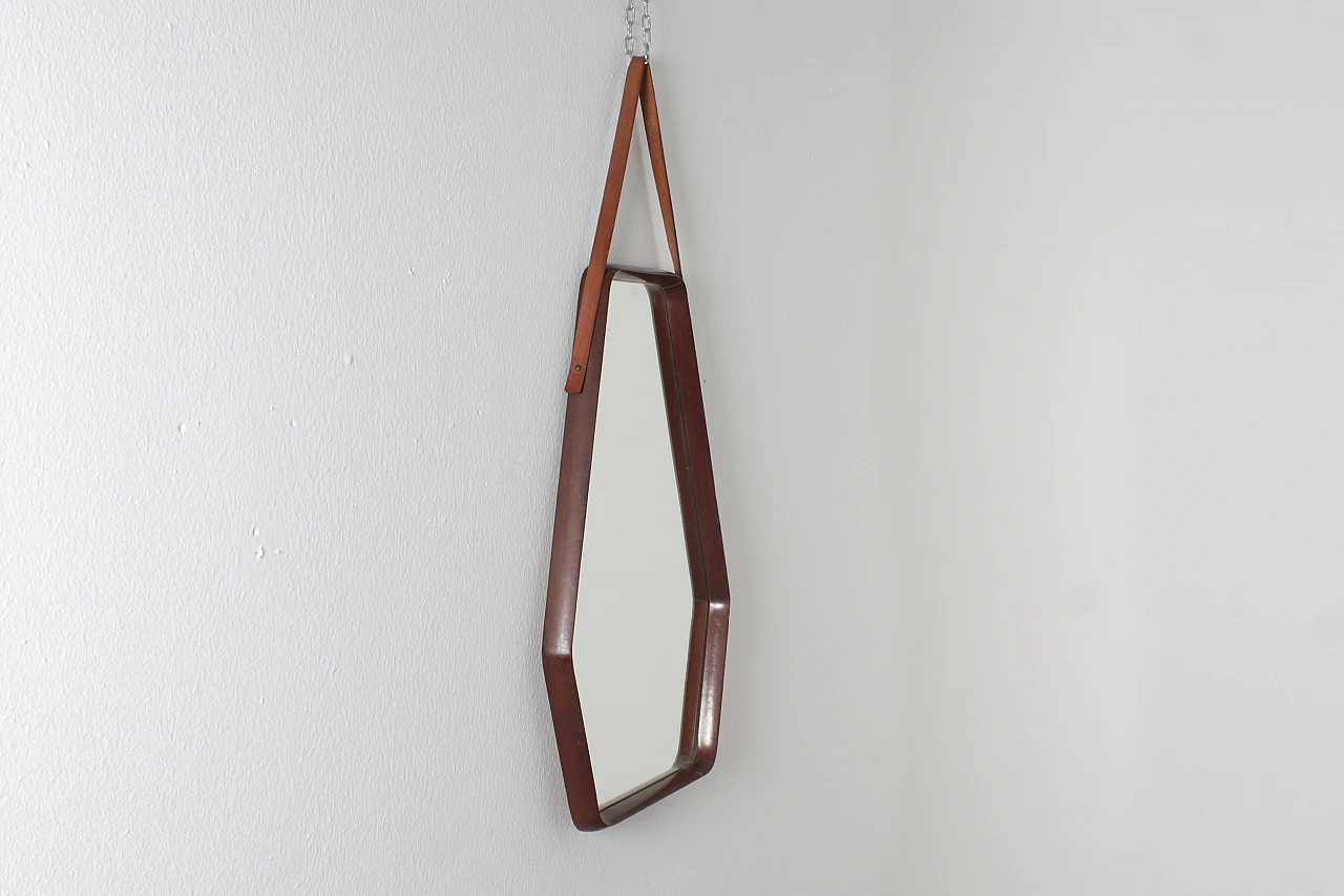 Geometric wall mirror with wooden frame & leather, 1960s 5
