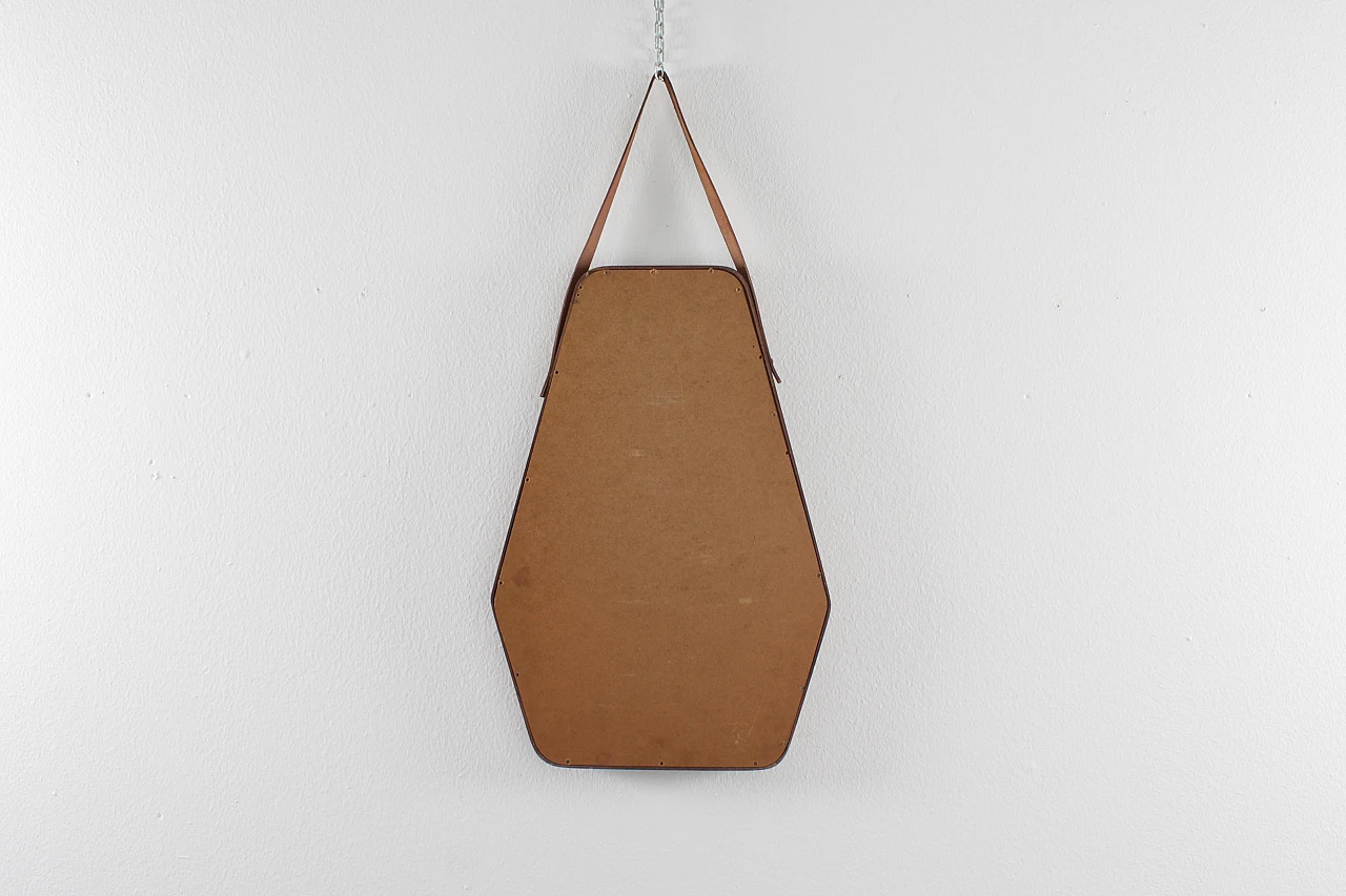 Geometric wall mirror with wooden frame & leather, 1960s 9