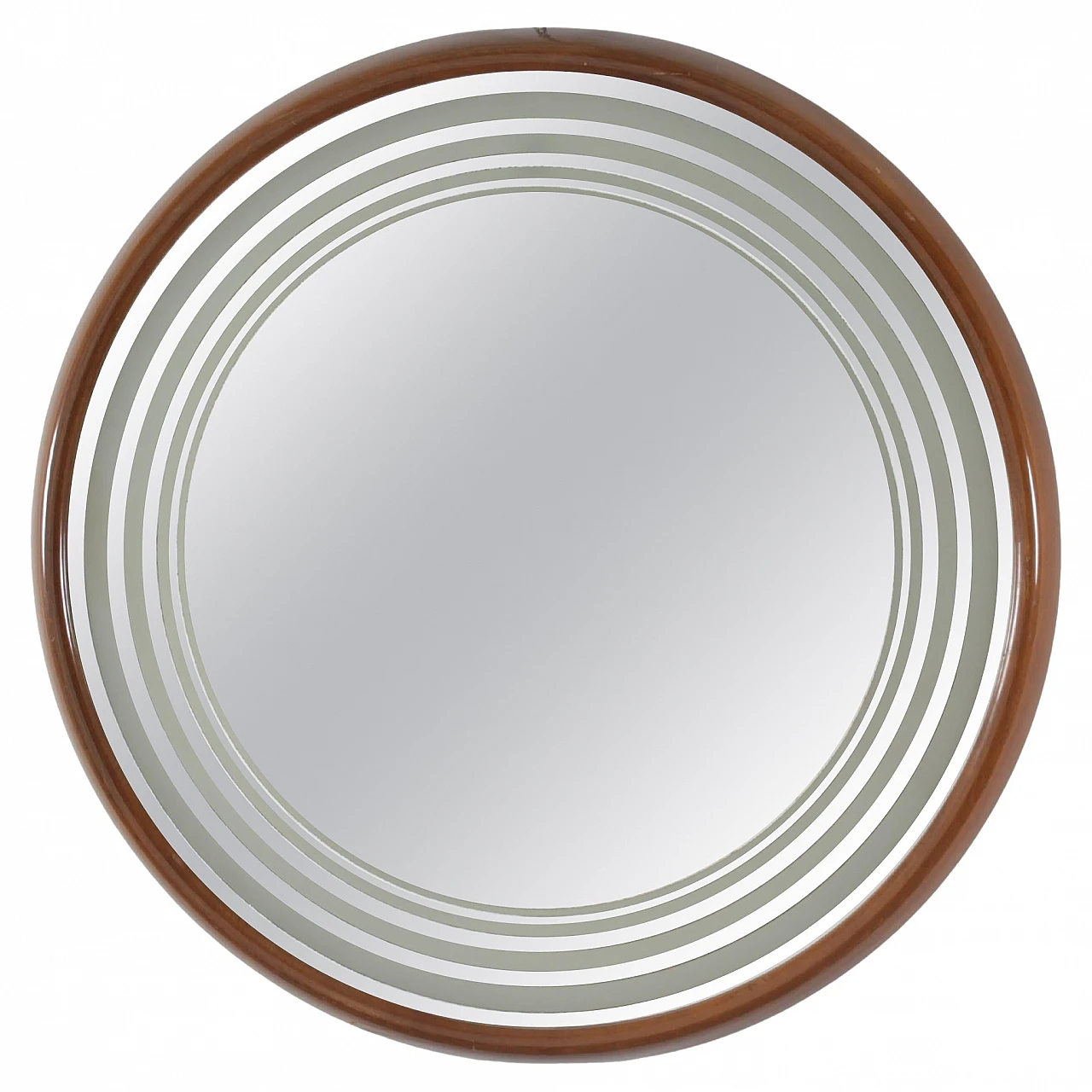 Round backlit wall mirror with wooden frame, 1960s 1