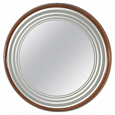 Round backlit wall mirror with wooden frame, 1960s