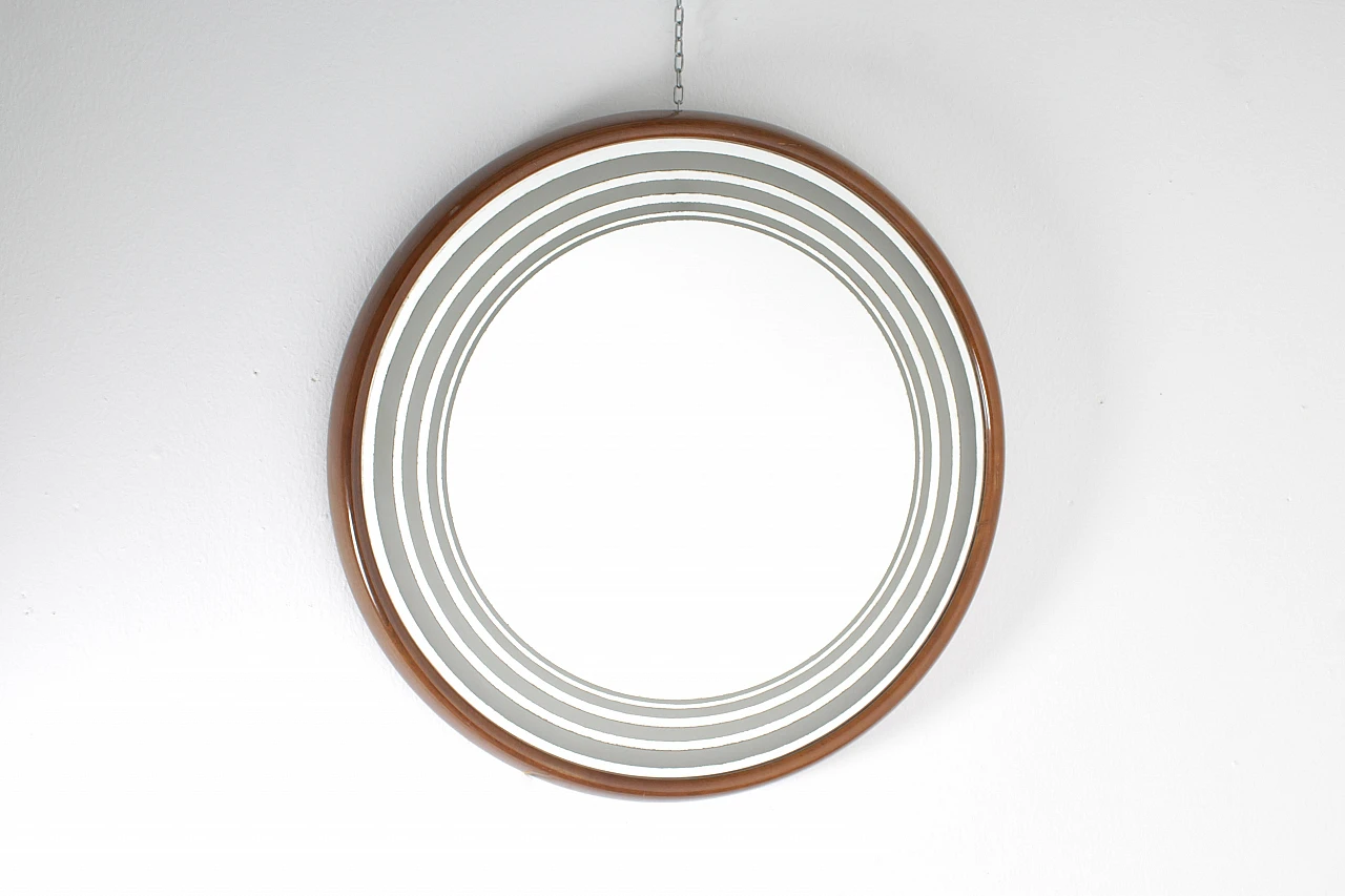Round backlit wall mirror with wooden frame, 1960s 3