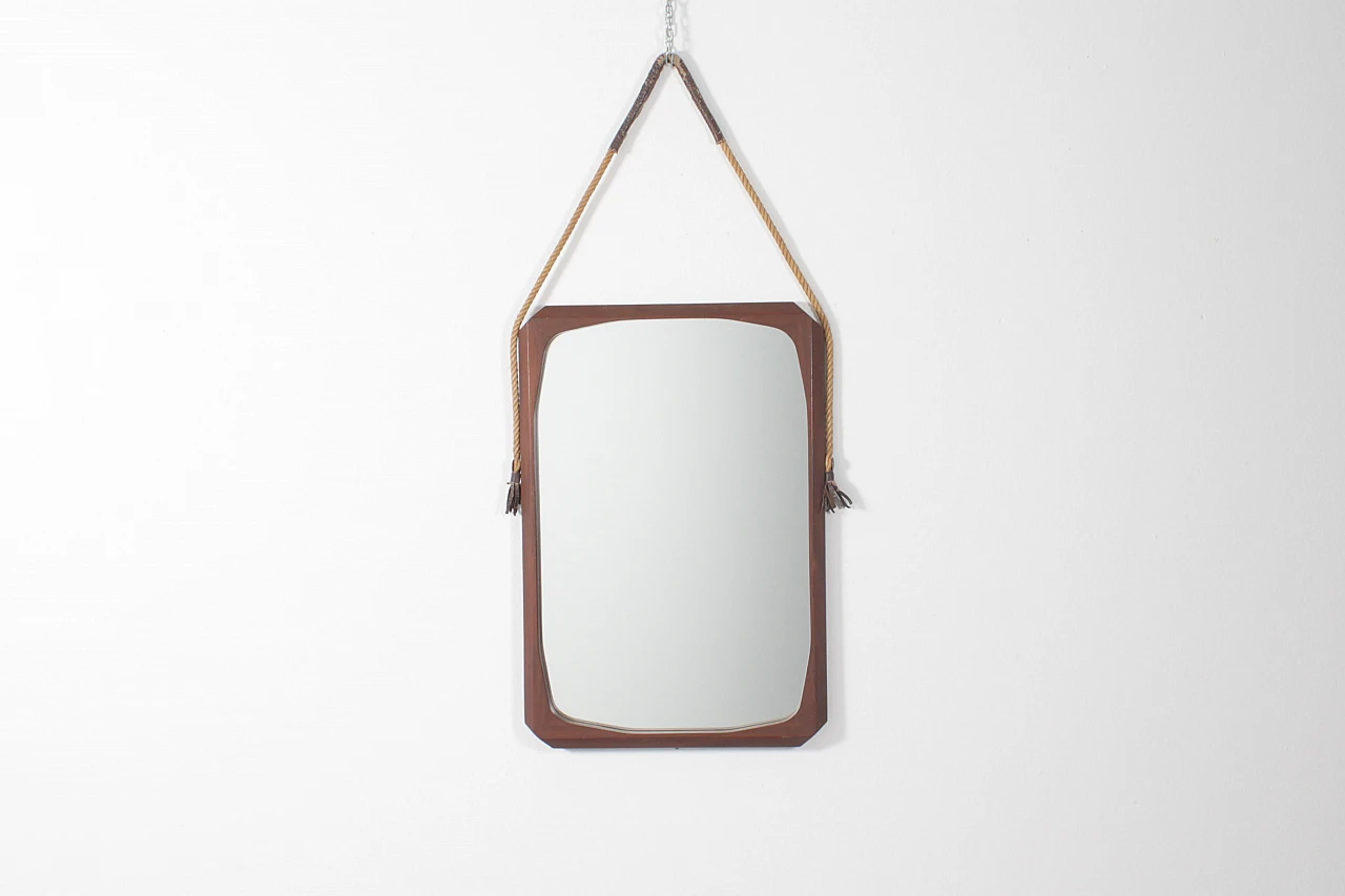 Geometric wooden wall mirror with rope, 1970s 2