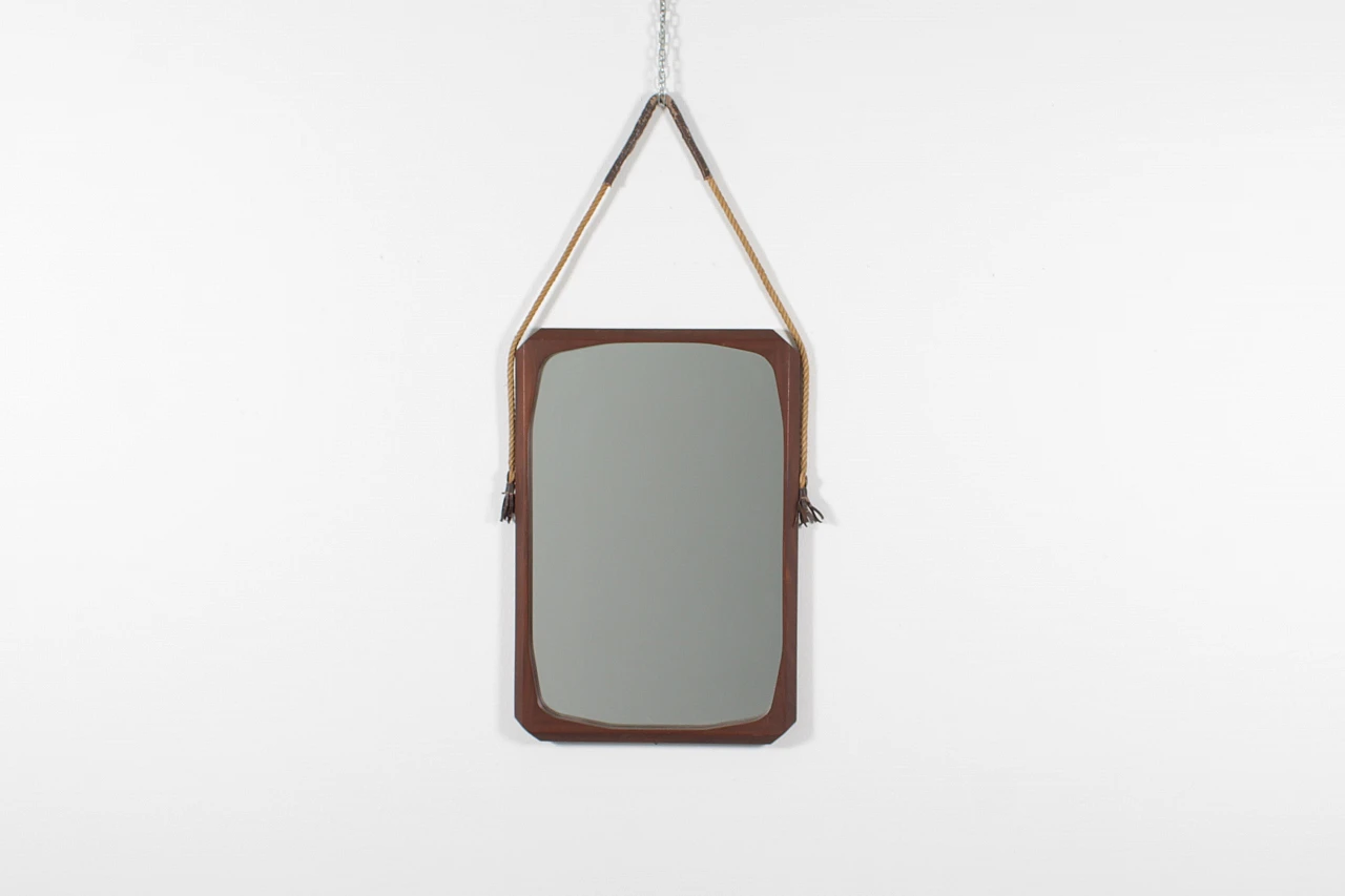 Geometric wooden wall mirror with rope, 1970s 3