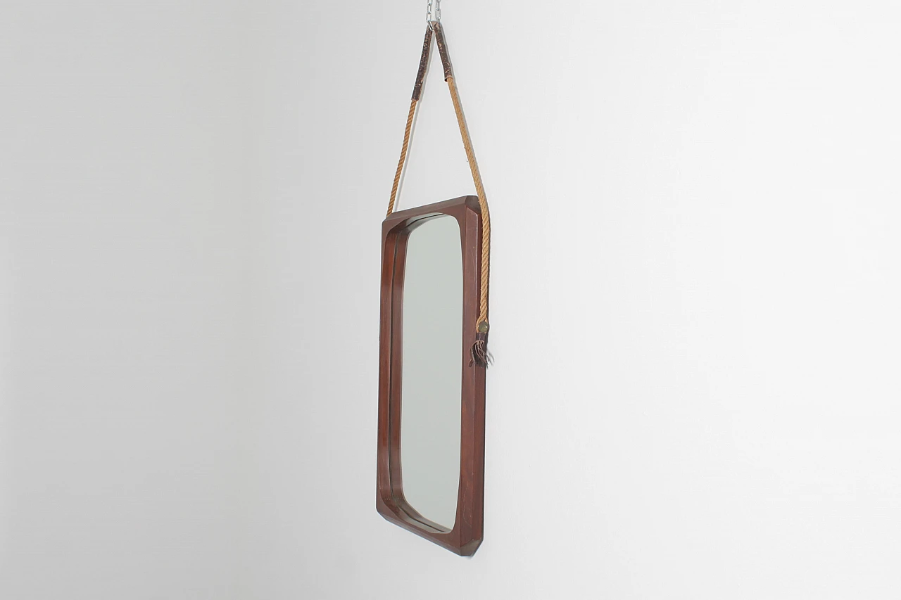 Geometric wooden wall mirror with rope, 1970s 4