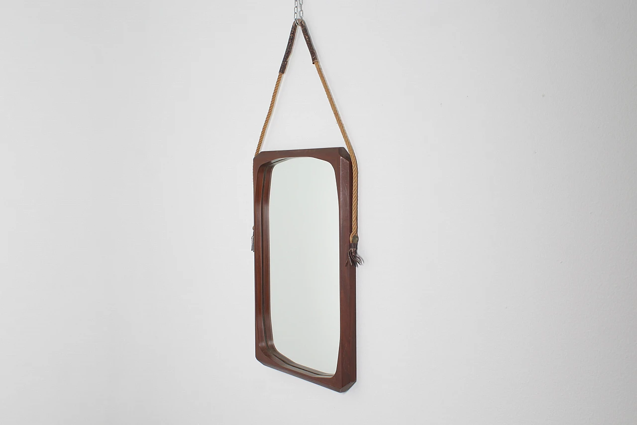 Geometric wooden wall mirror with rope, 1970s 5