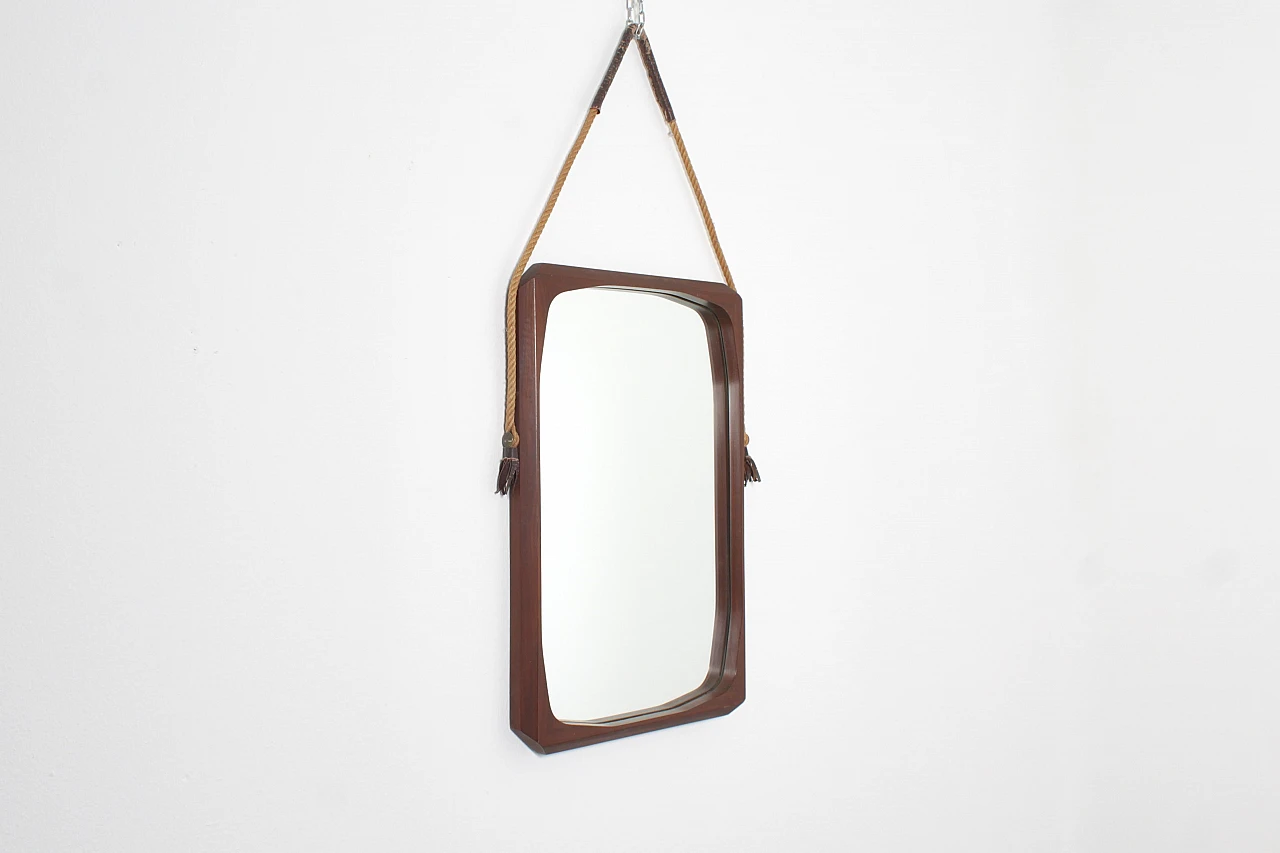 Geometric wooden wall mirror with rope, 1970s 7