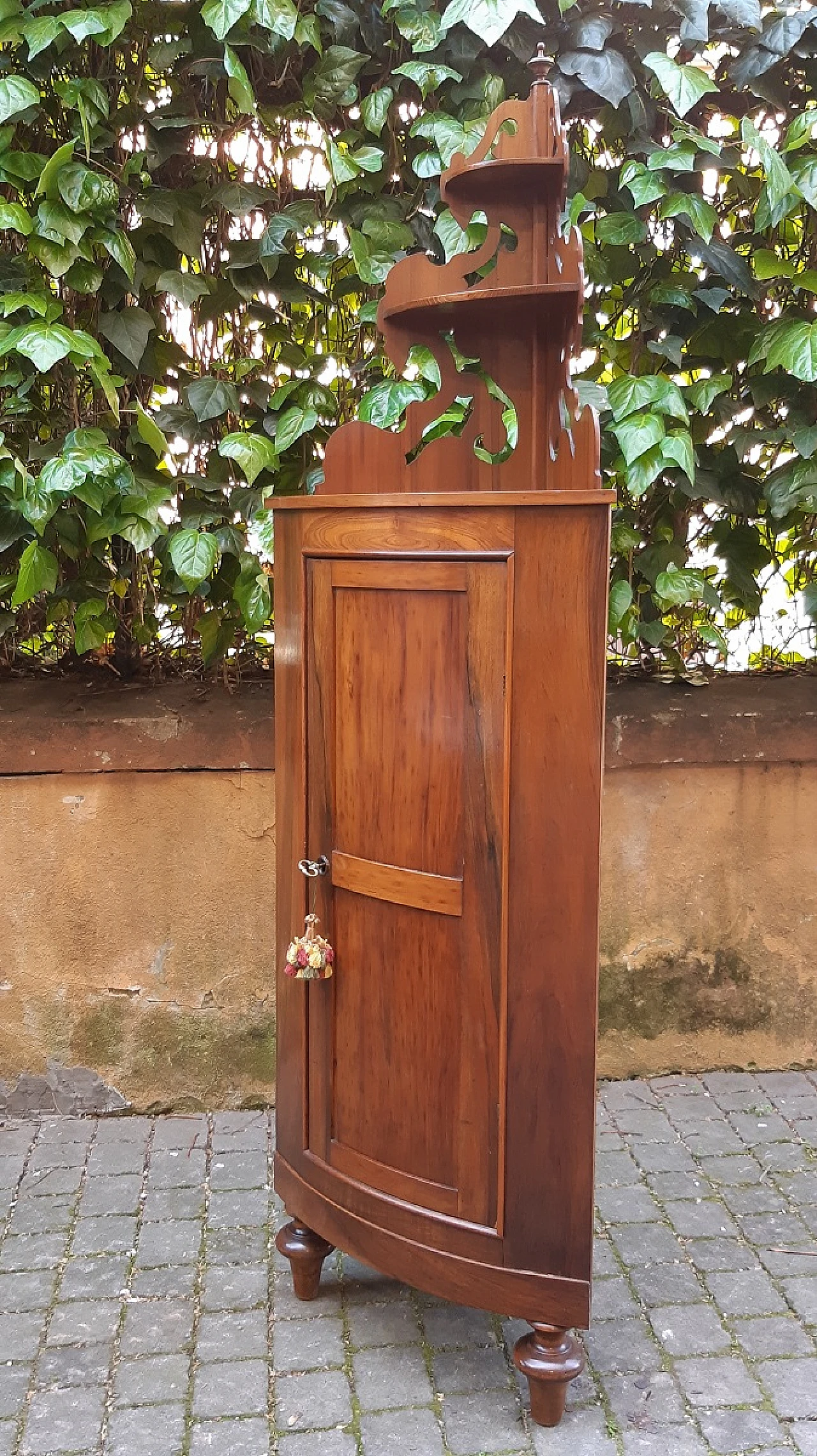 Emilian rounded walnut and cherry wood corner cabinet, 19th century 4