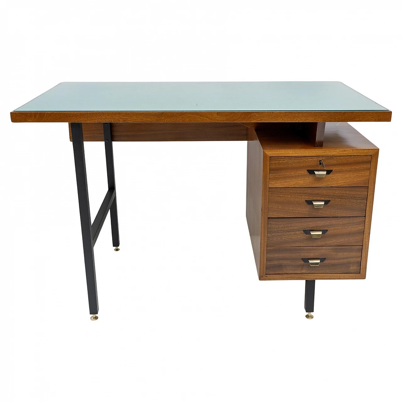 Walnut desk with drawers with brass feet & green glass top, 1960s 1