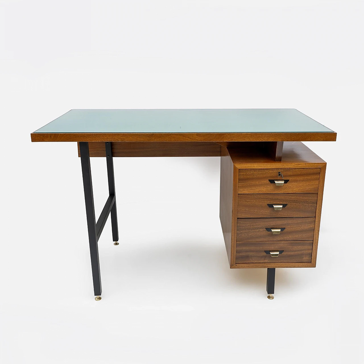 Walnut desk with drawers with brass feet & green glass top, 1960s 2