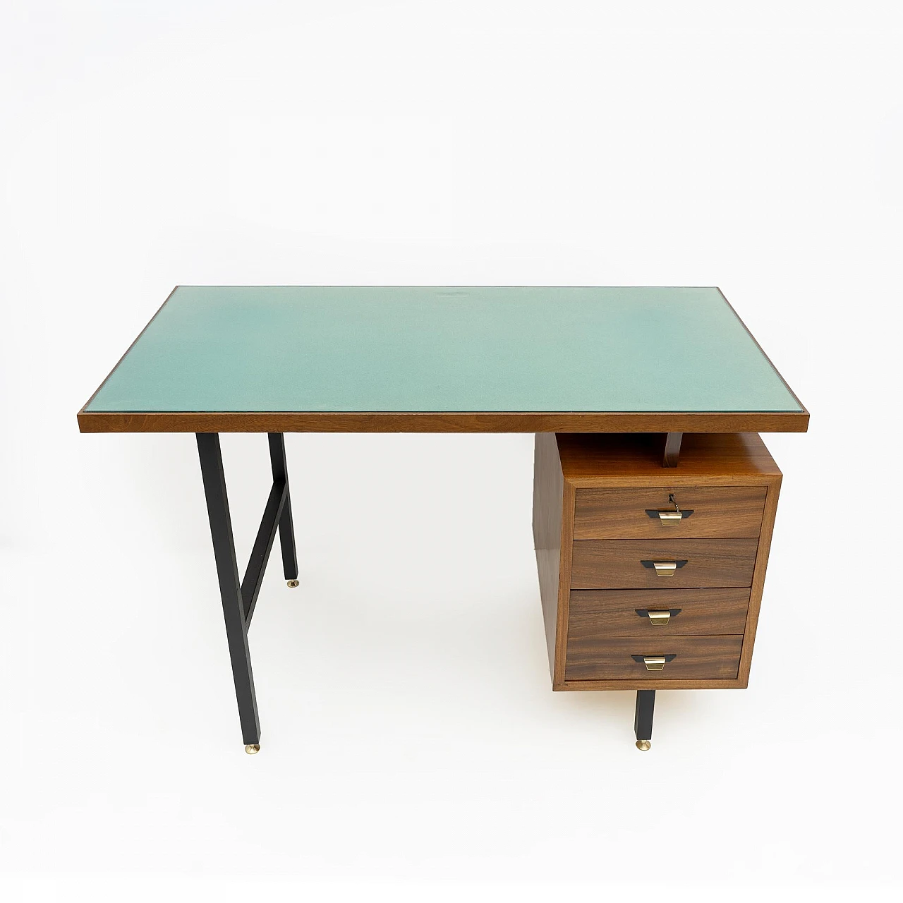 Walnut desk with drawers with brass feet & green glass top, 1960s 3