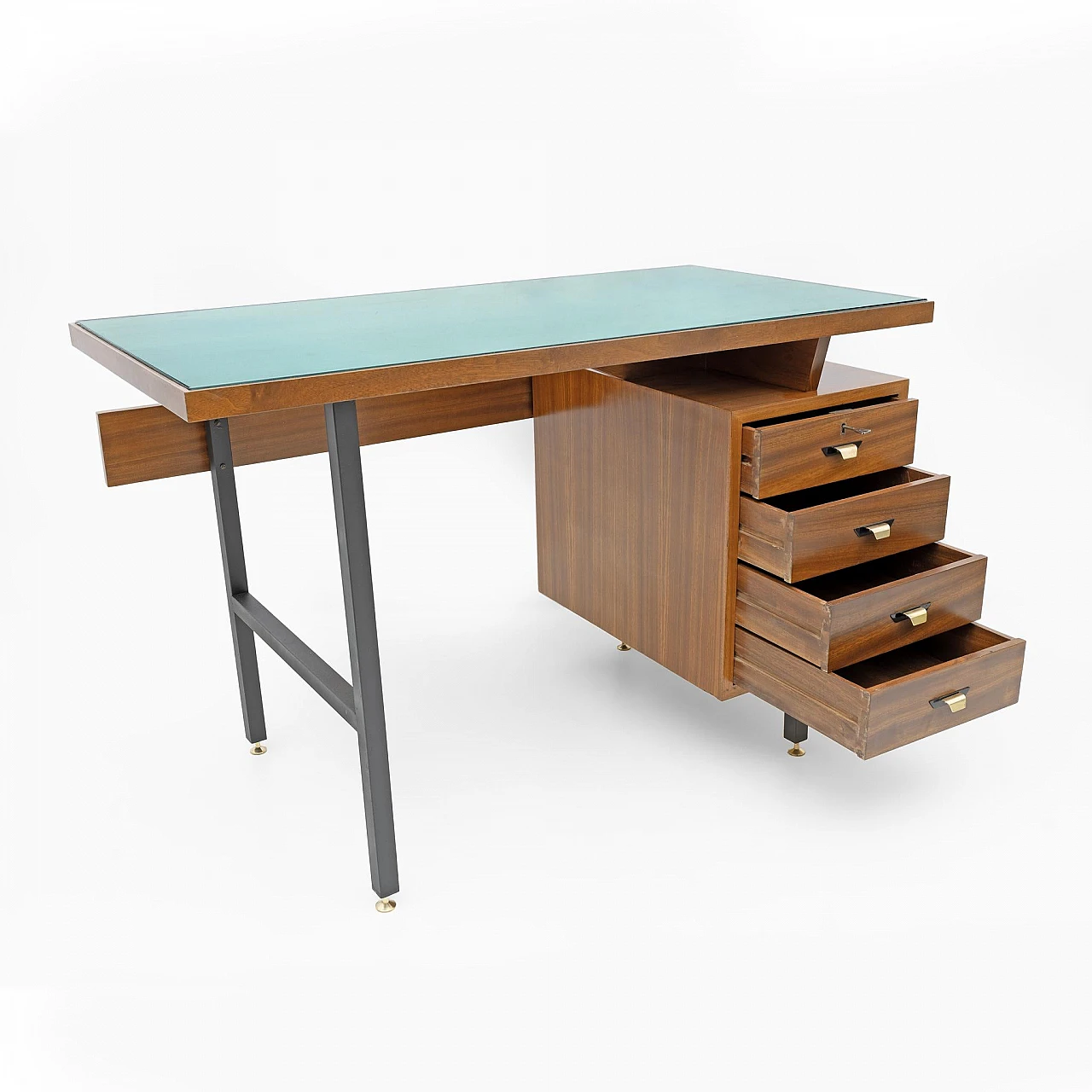 Walnut desk with drawers with brass feet & green glass top, 1960s 4