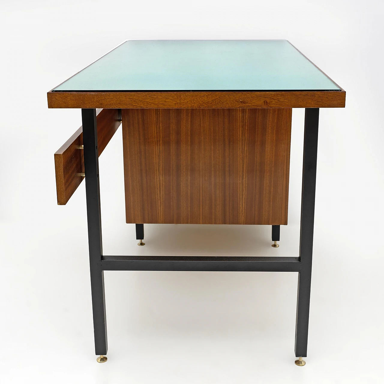 Walnut desk with drawers with brass feet & green glass top, 1960s 5