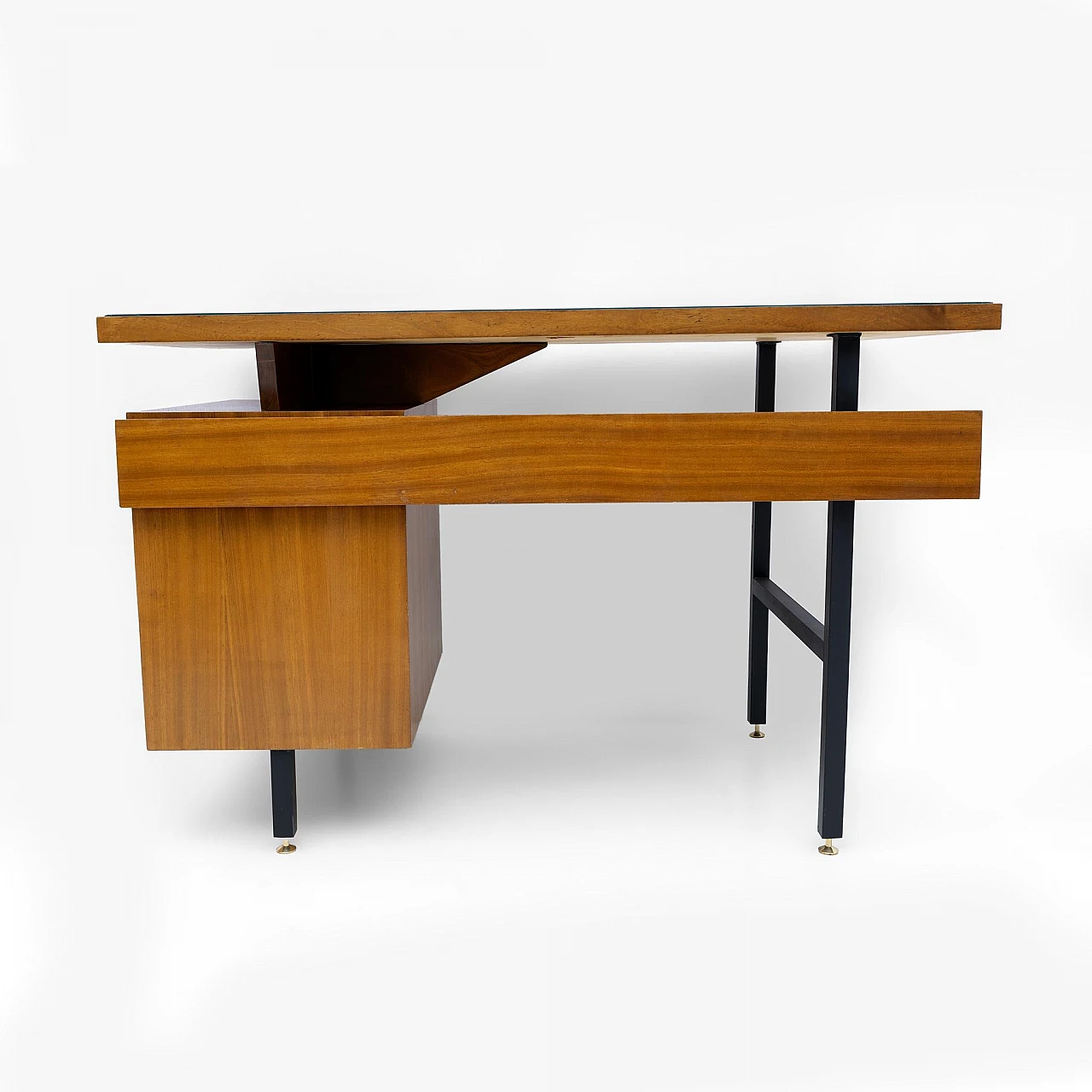 Walnut desk with drawers with brass feet & green glass top, 1960s 6