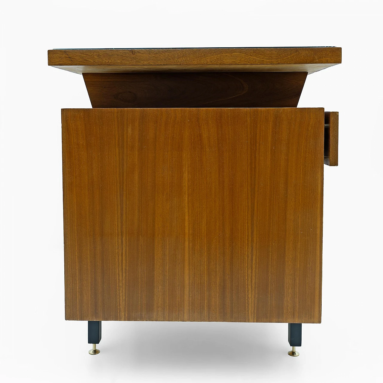 Walnut desk with drawers with brass feet & green glass top, 1960s 7