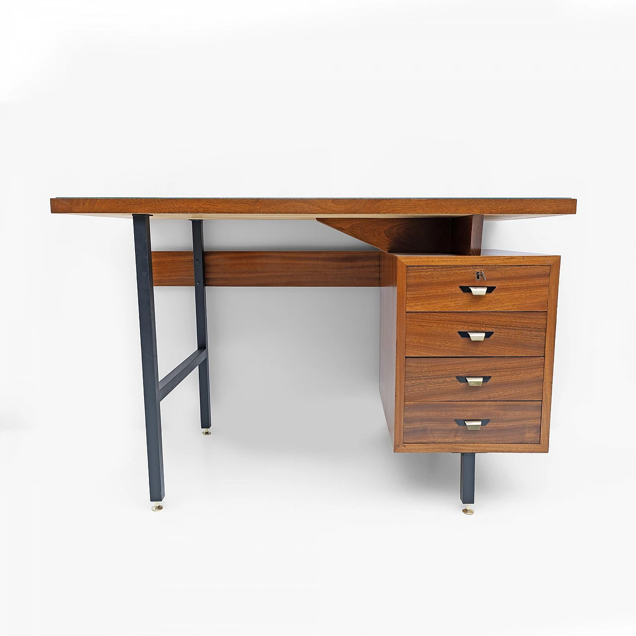 Walnut desk with drawers with brass feet & green glass top, 1960s 8