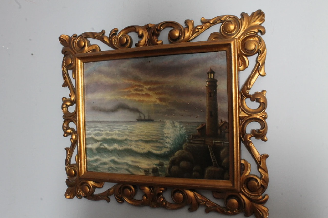 Marina with lighthouse, painting on panel, 1940s 1