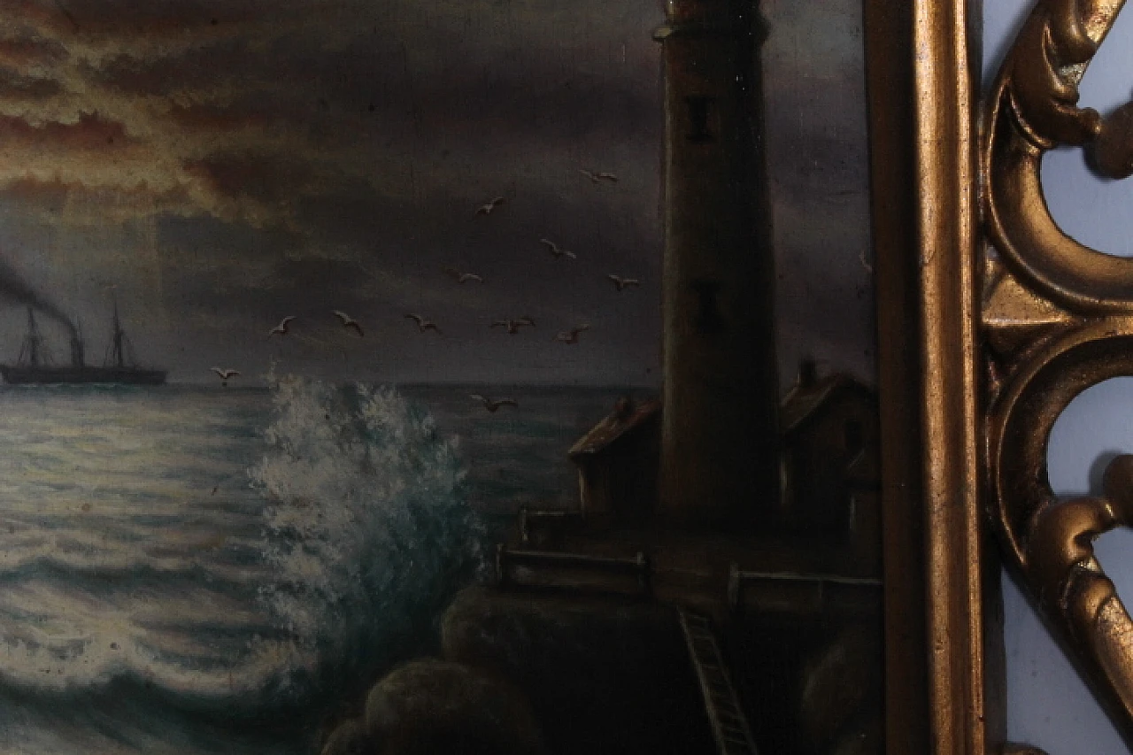 Marina with lighthouse, painting on panel, 1940s 3