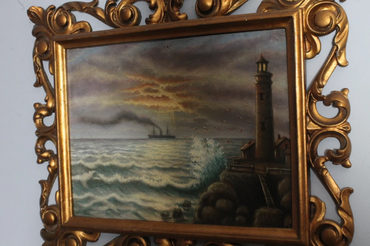 Marina with lighthouse, painting on panel, 1940s 6