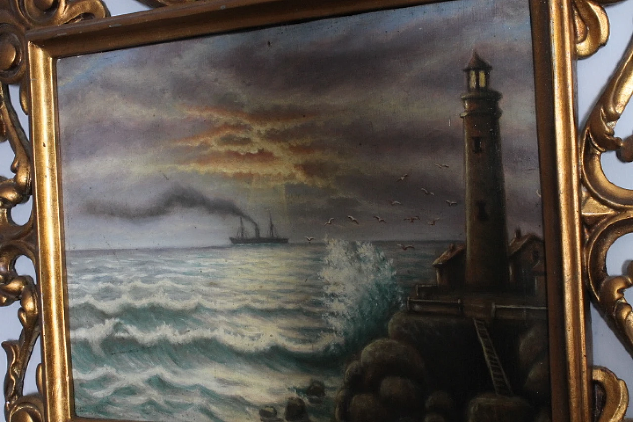 Marina with lighthouse, painting on panel, 1940s 8