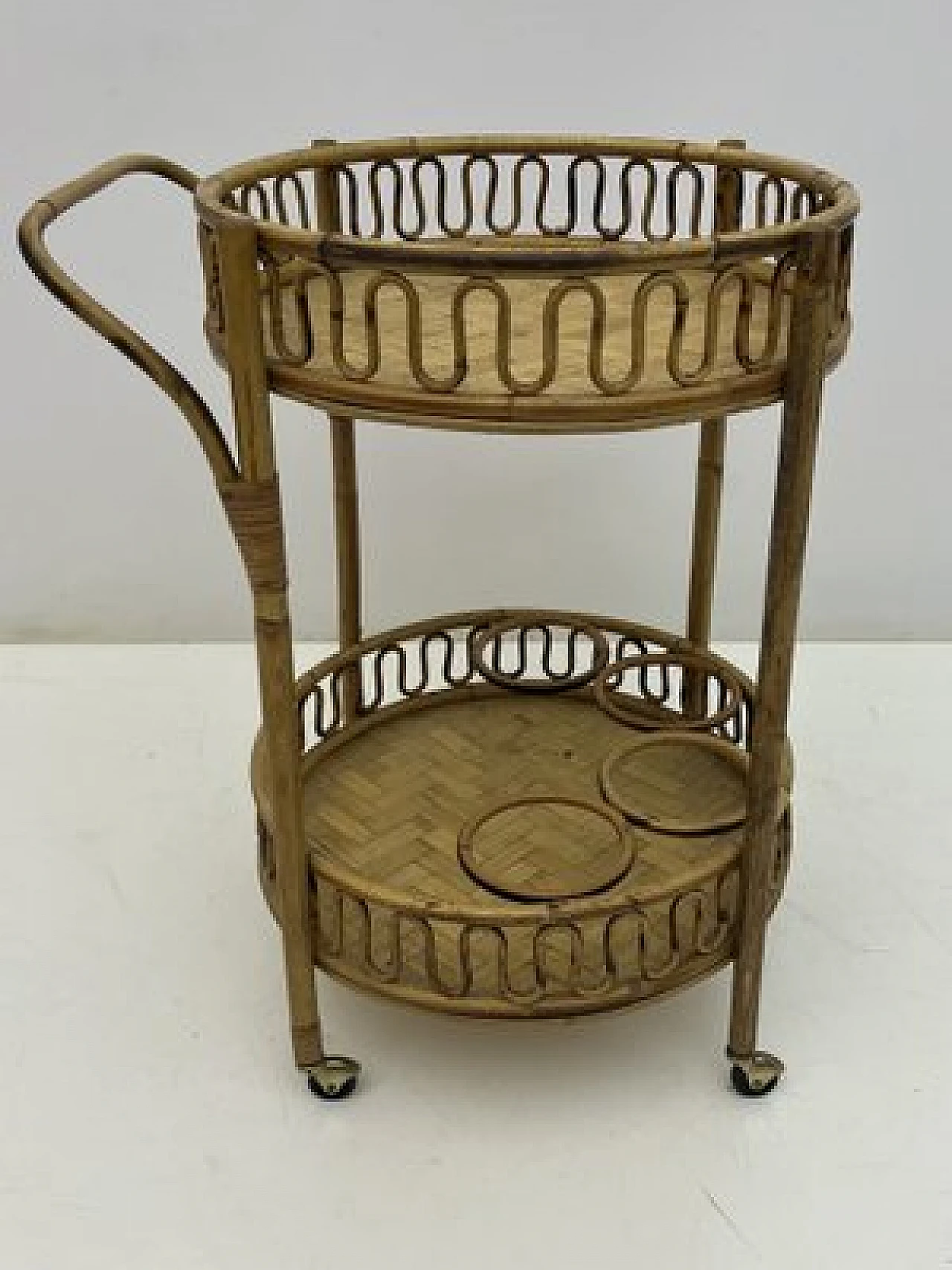 Round bamboo and wicker cart attributed to Franco Albini, 1960s 1