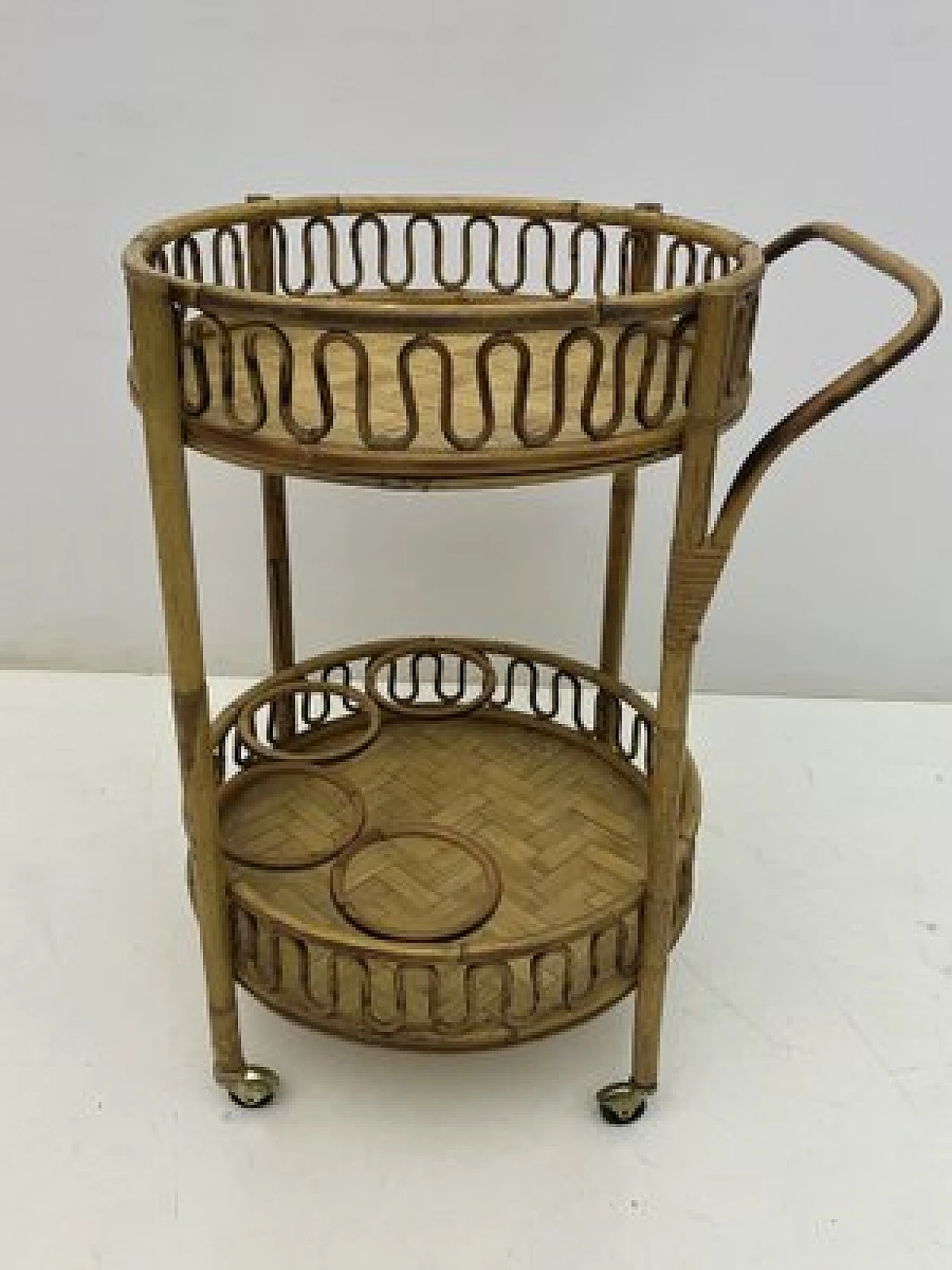 Round bamboo and wicker cart attributed to Franco Albini, 1960s 3