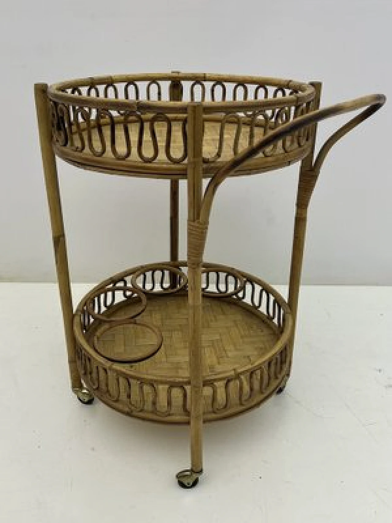 Round bamboo and wicker cart attributed to Franco Albini, 1960s 4