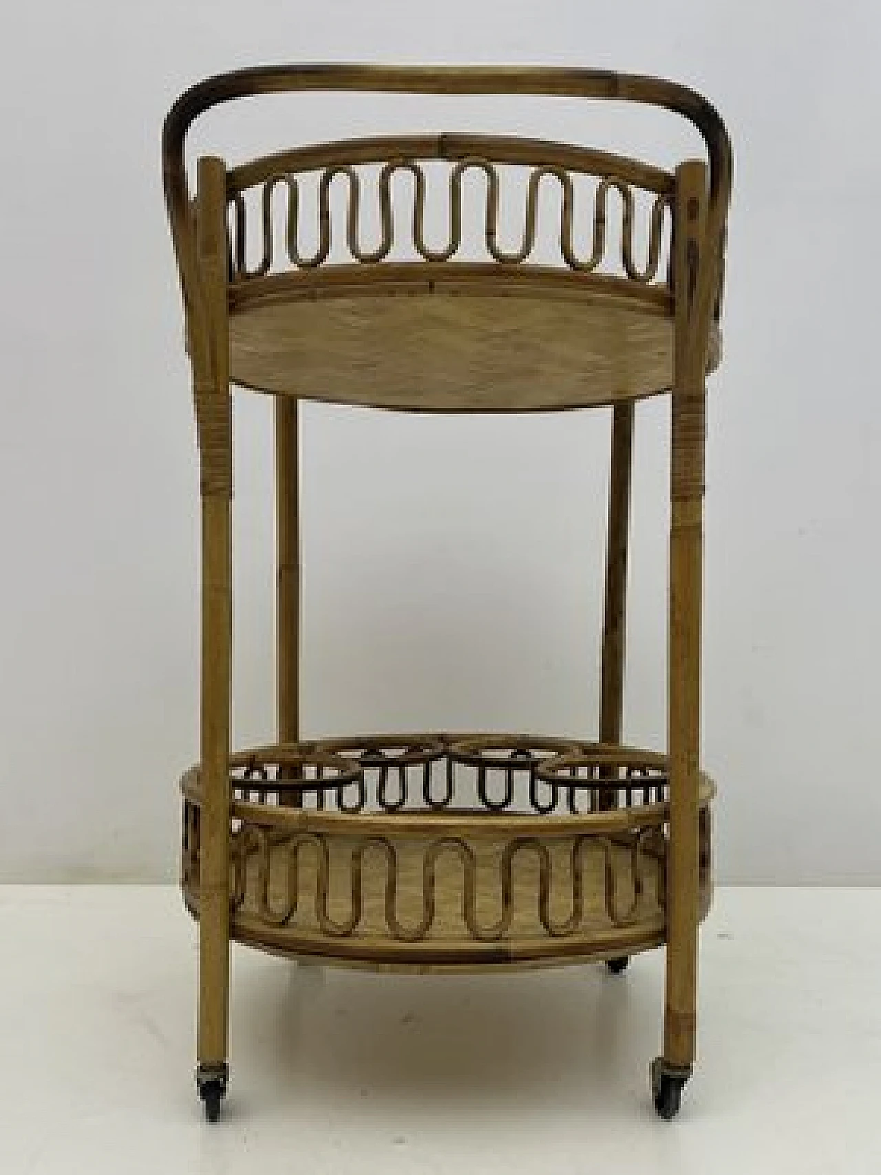 Round bamboo and wicker cart attributed to Franco Albini, 1960s 5