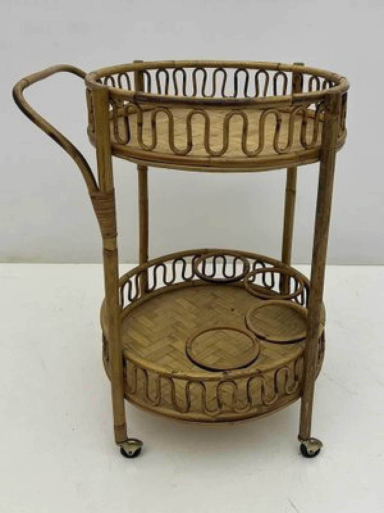 Round bamboo and wicker cart attributed to Franco Albini, 1960s 6