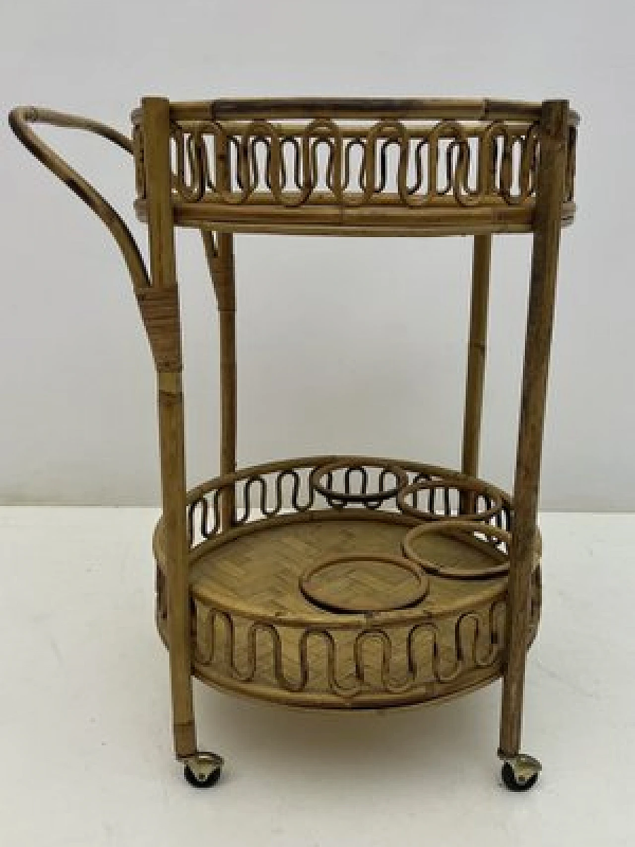 Round bamboo and wicker cart attributed to Franco Albini, 1960s 7