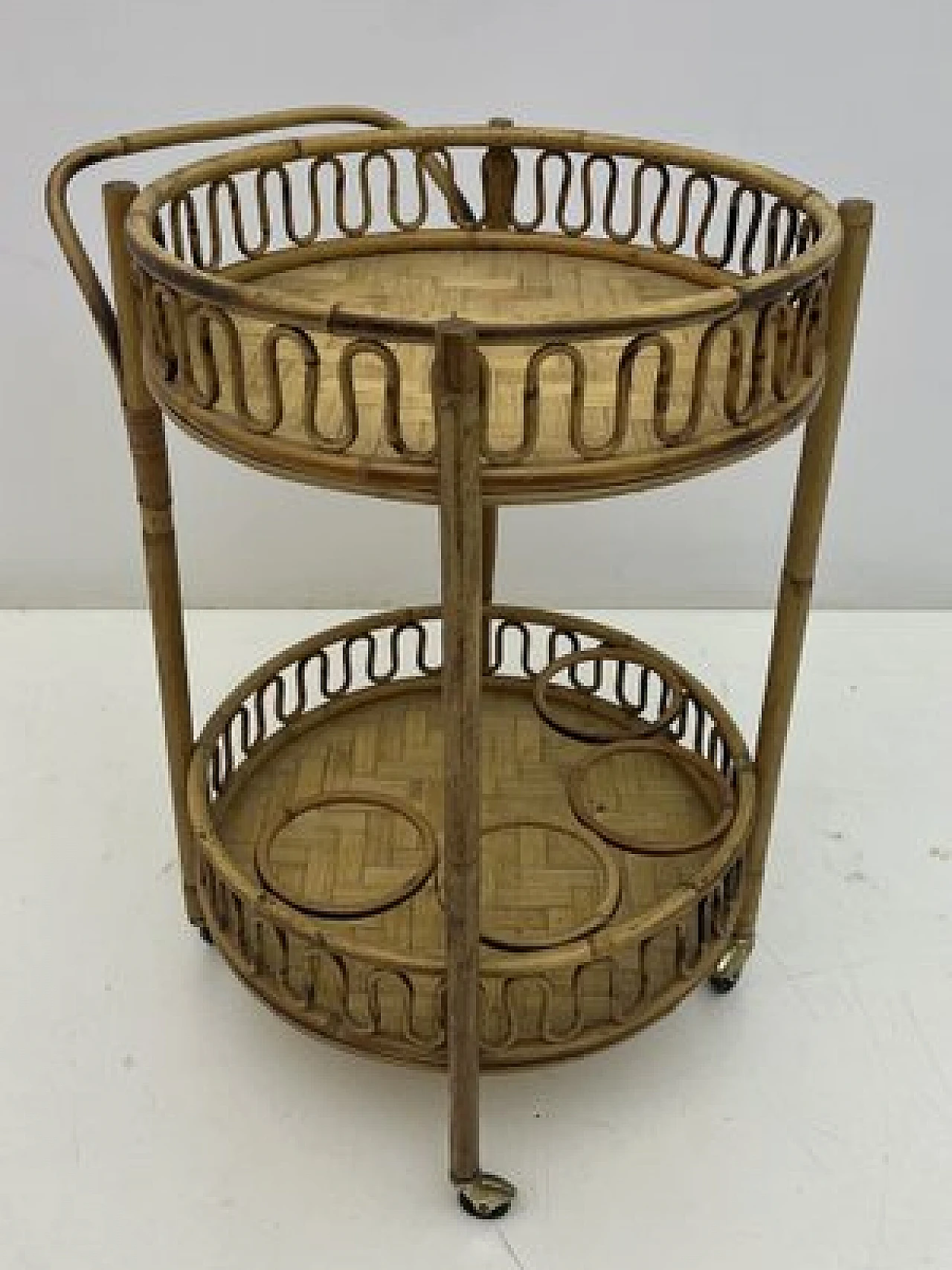 Round bamboo and wicker cart attributed to Franco Albini, 1960s 8