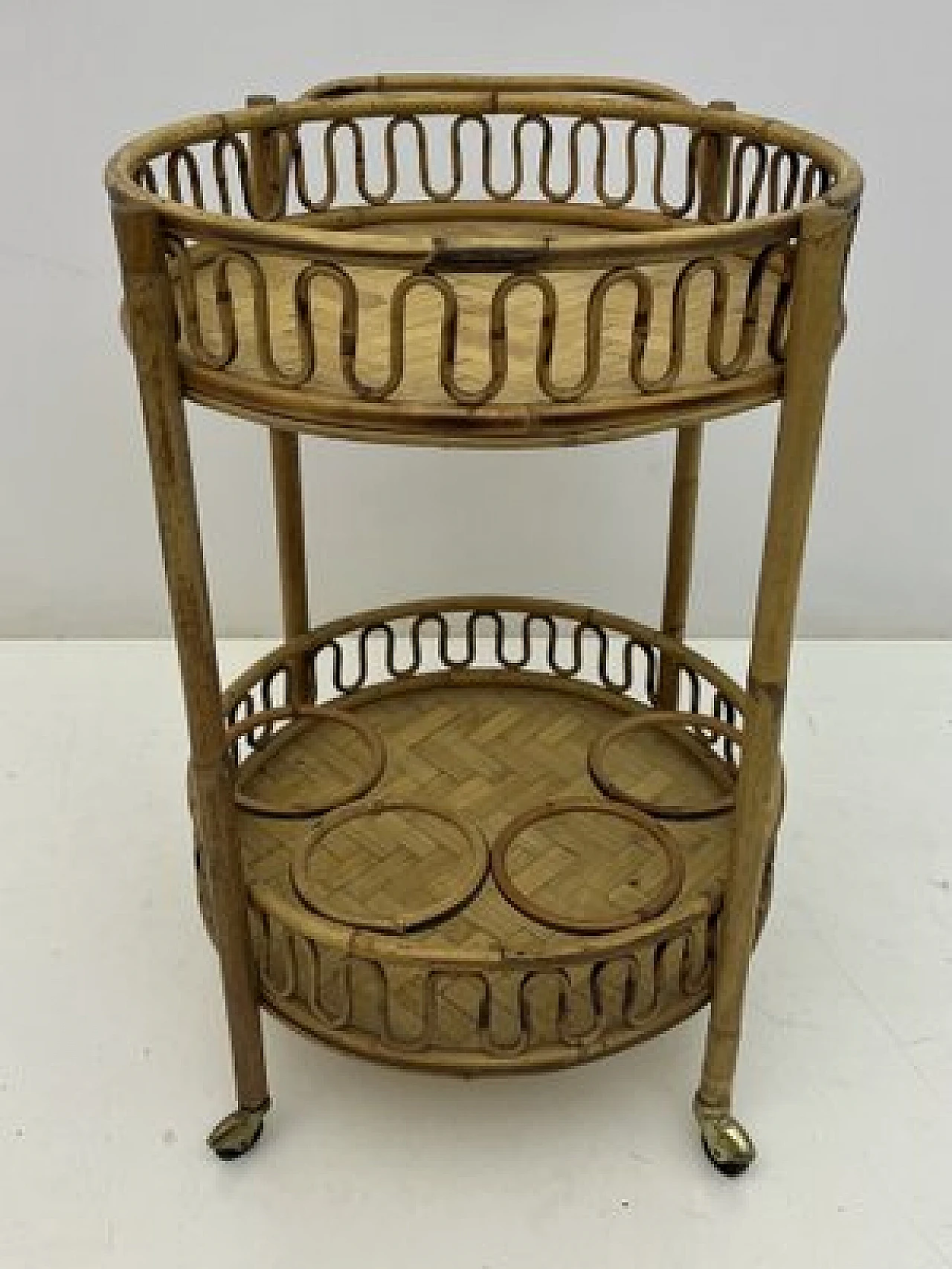 Round bamboo and wicker cart attributed to Franco Albini, 1960s 9