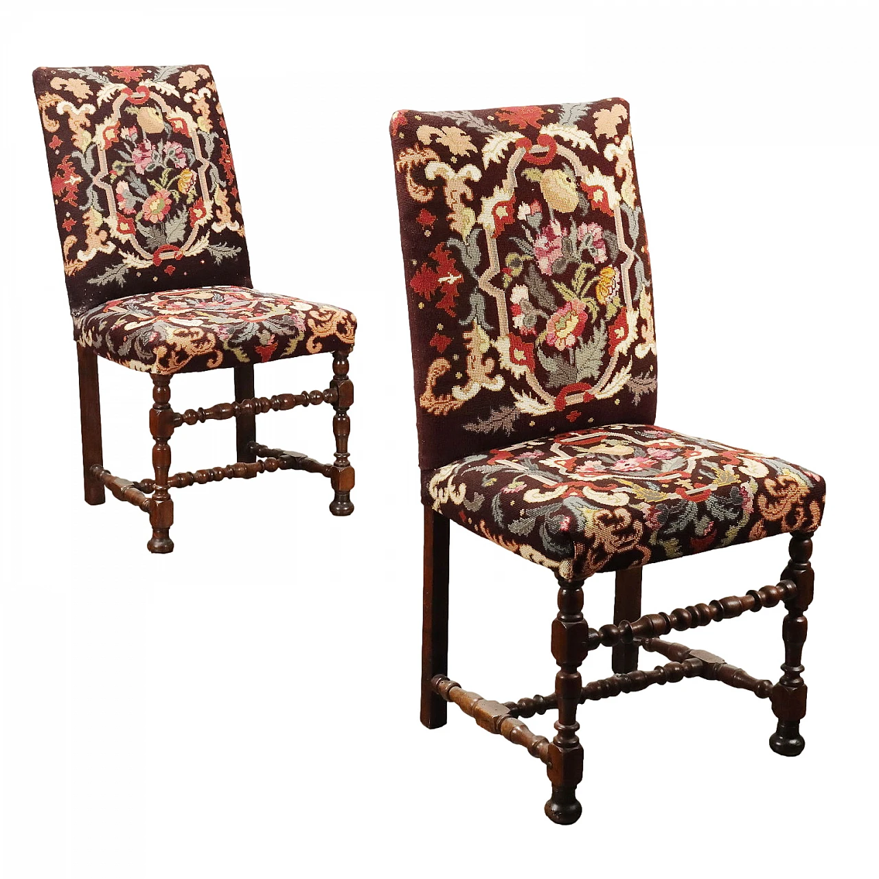 Pair of walnut spool chairs lined with floral fabric, 18th century 1