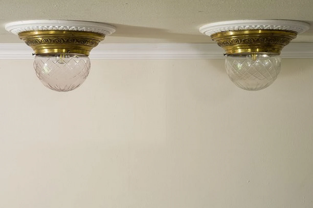 Pair of brass chandeliers with glass shade, early 20th century 1