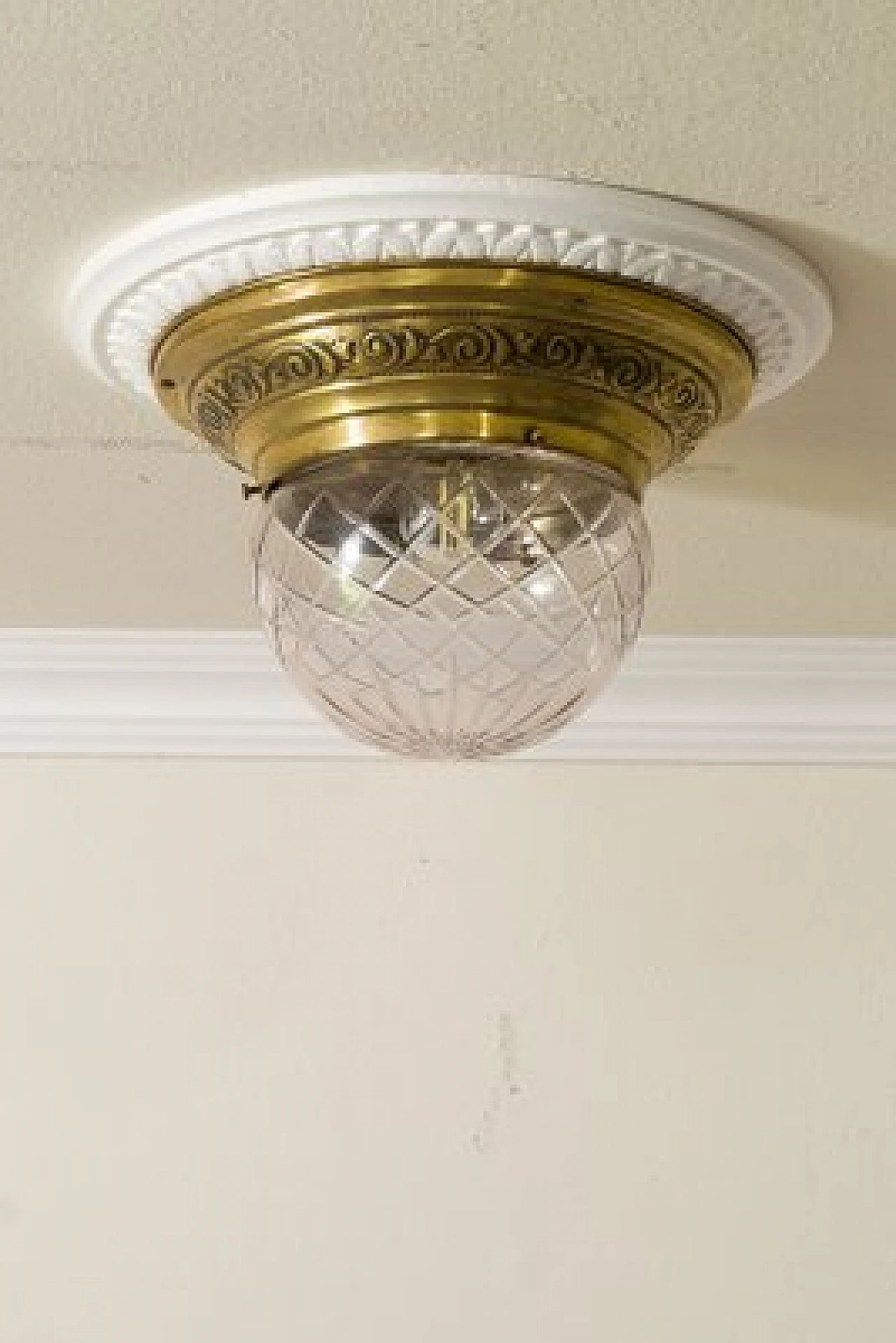 Pair of brass chandeliers with glass shade, early 20th century 4