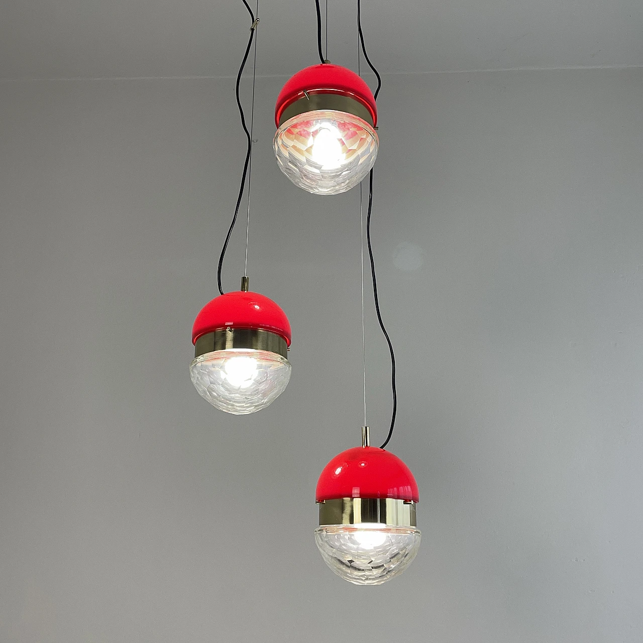 Brass, red methacrylate and glass pendant lamp, 1960s 1