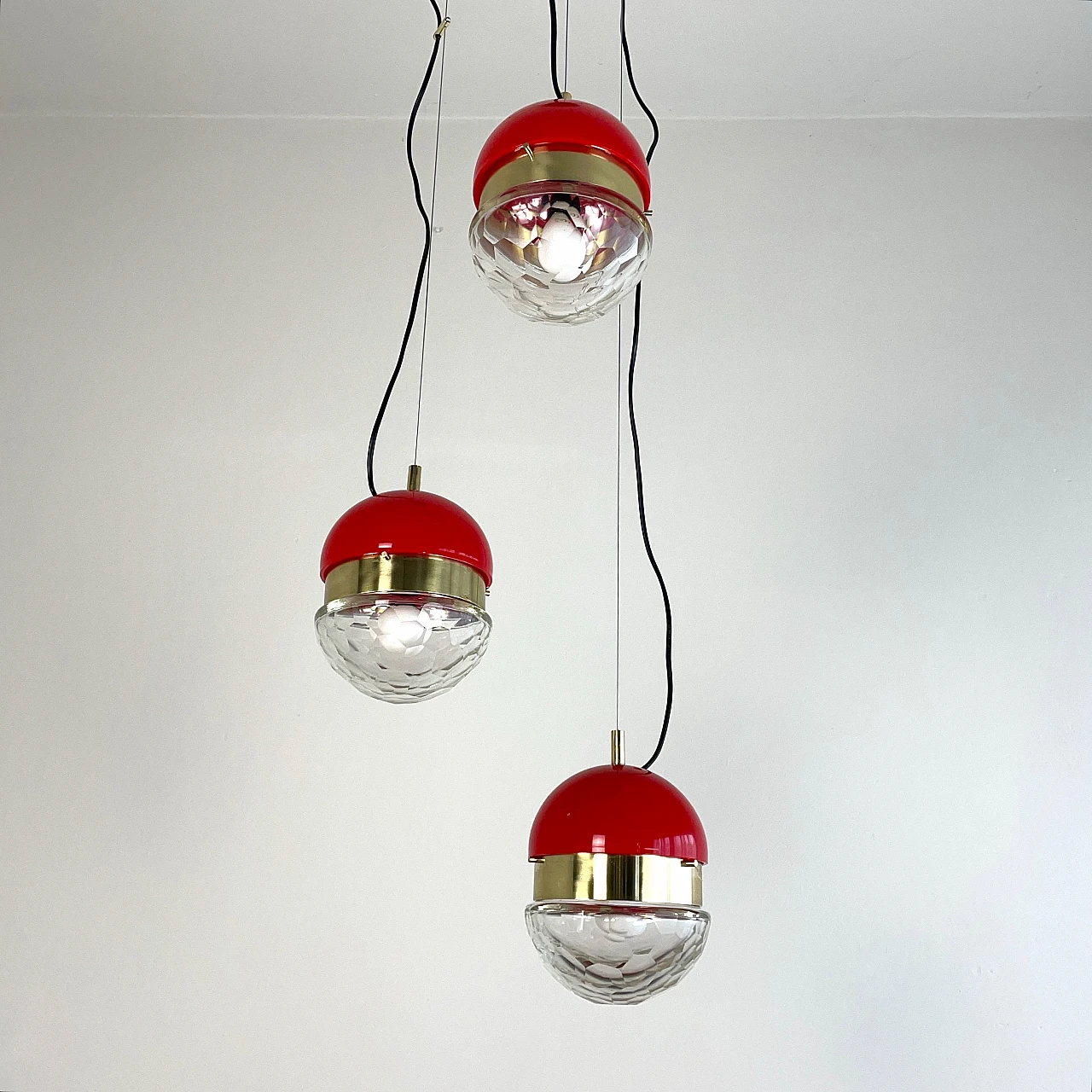 Brass, red methacrylate and glass pendant lamp, 1960s 2