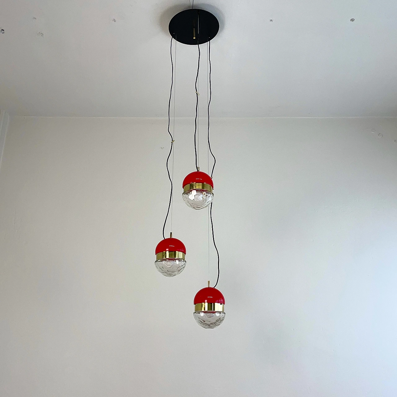 Brass, red methacrylate and glass pendant lamp, 1960s 3