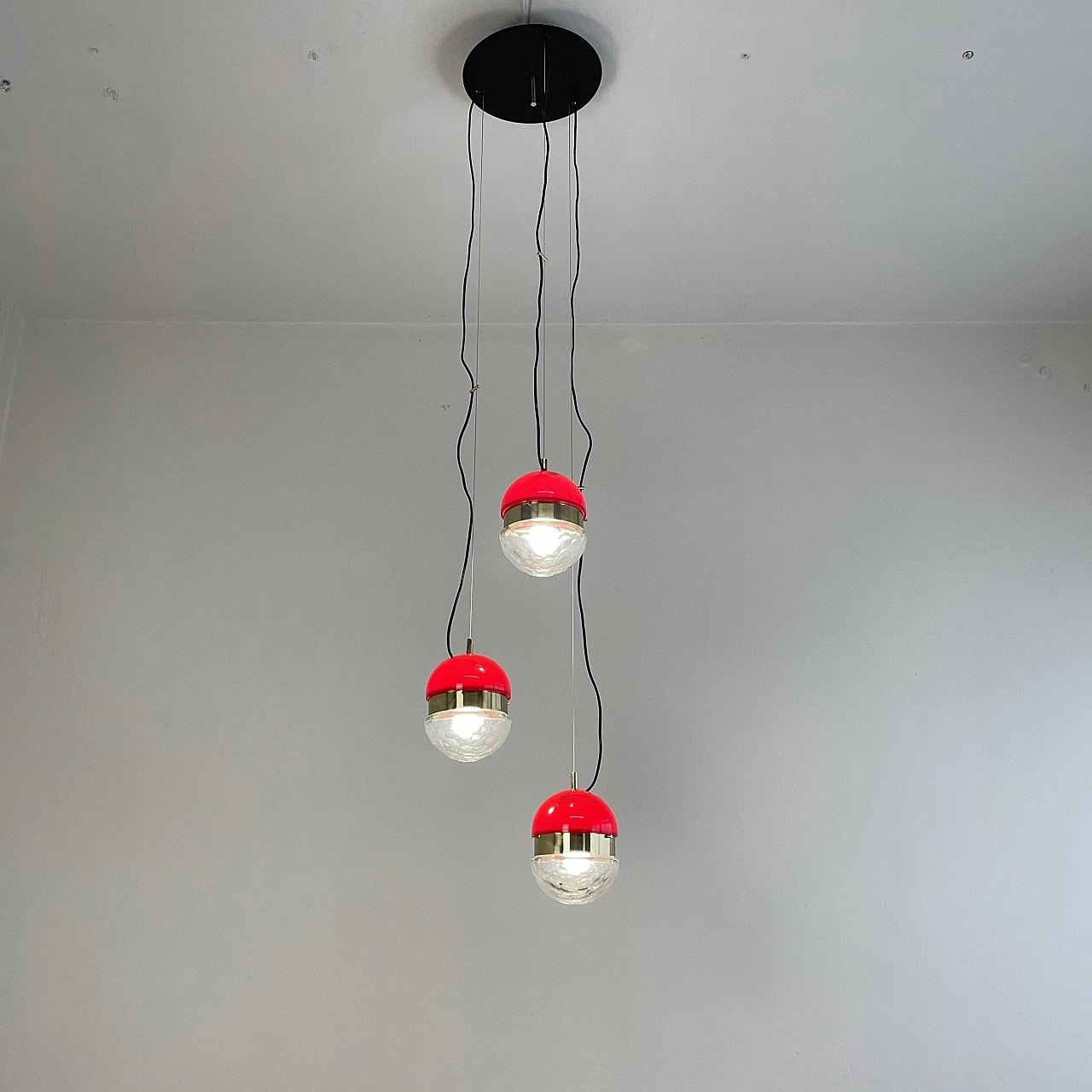 Brass, red methacrylate and glass pendant lamp, 1960s 4