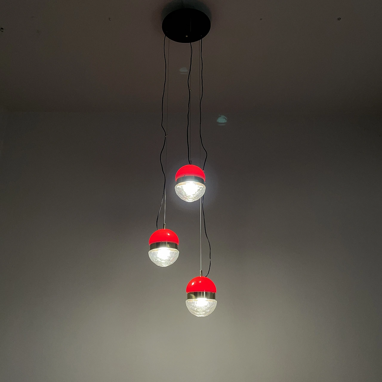 Brass, red methacrylate and glass pendant lamp, 1960s 5